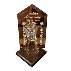 Dacra Glass Company golden anniversary Crystal Angel Figurine with Wood Stand